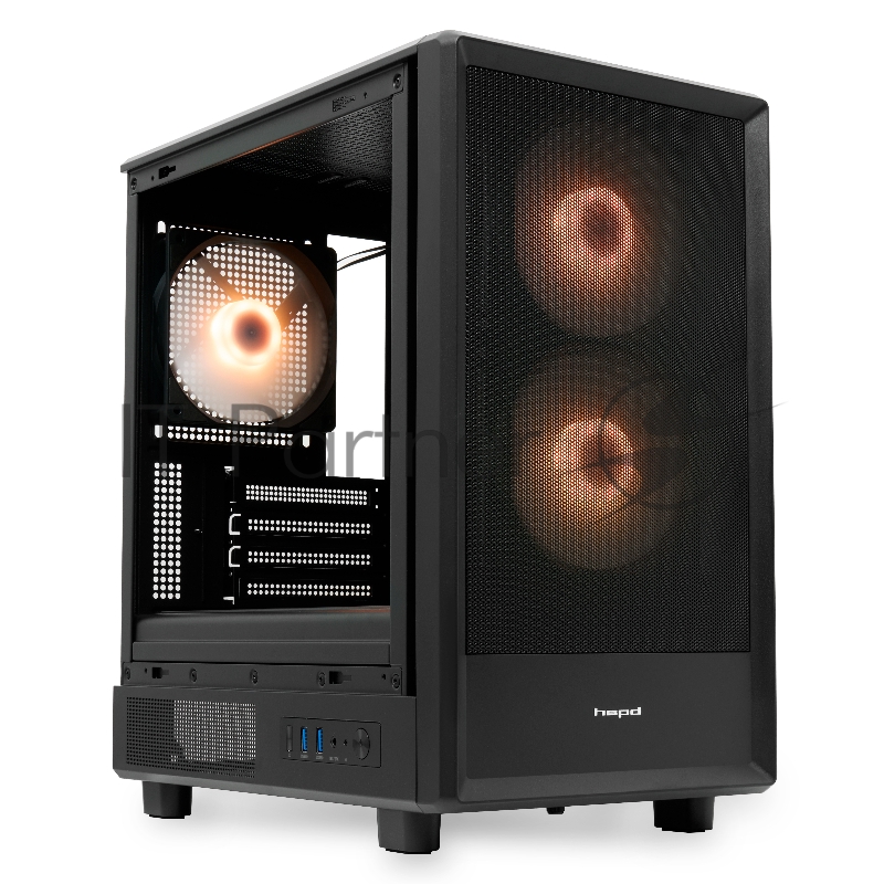 Корпус без блока питания HSPD M310, Mesh Mini-tower, черный, TG, 0.4 SPCC, 3x120mm ARGB mATX, mITX 180/280/160mm 1x2.5, 1x3.5, 4xPCI 2xUSB-A 3.0 452x277x418mm