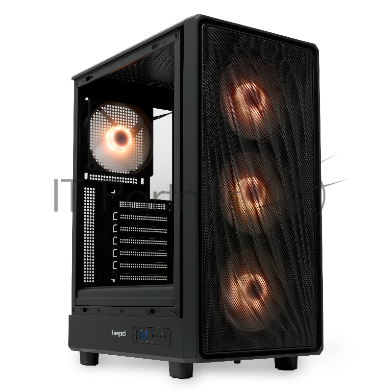 Корпус без блока питания HSPD M510, Mesh Mid Tower, черный, TG, 0.5 SPCC, 4x120mm ARGB ATX, mATX, mITX 180/280/160mm 1x2.5, 1x3.5, 7xPCI 2xUSB-A 3.0 517x277x418mm