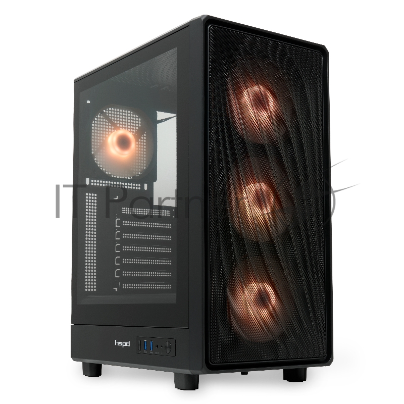Корпус без блока питания HSPD M510, Mesh Mid Tower, черный, TG, 0.5 SPCC, 4x120mm ARGB ATX, mATX, mITX 180/280/160mm 1x2.5, 1x3.5, 7xPCI 2xUSB-A 3.0 517x277x418mm