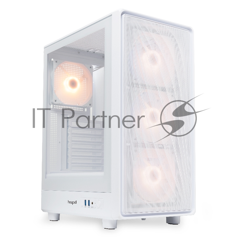 Корпус без блока питания HSPD M510, Mesh Mid Tower, белый, TG, 0.5 SPCC, 4x120mm ARGB ATX, mATX, mITX 180/280/160mm 1x2.5, 1x3.5, 7xPCI 2xUSB-A 3.0 517x277x418mm