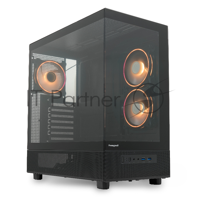 Корпус без блока питания HSPD F710, Panoramic Mid Tower, черный, TG, 0.5 SPCC, 3x120mm ARGB E-ATX, ATX, mATX, mITX 185/395/270mm 2x2.5, 1x3.5, 7xPCI 2xUSB-A 3.0 435x230x457mm