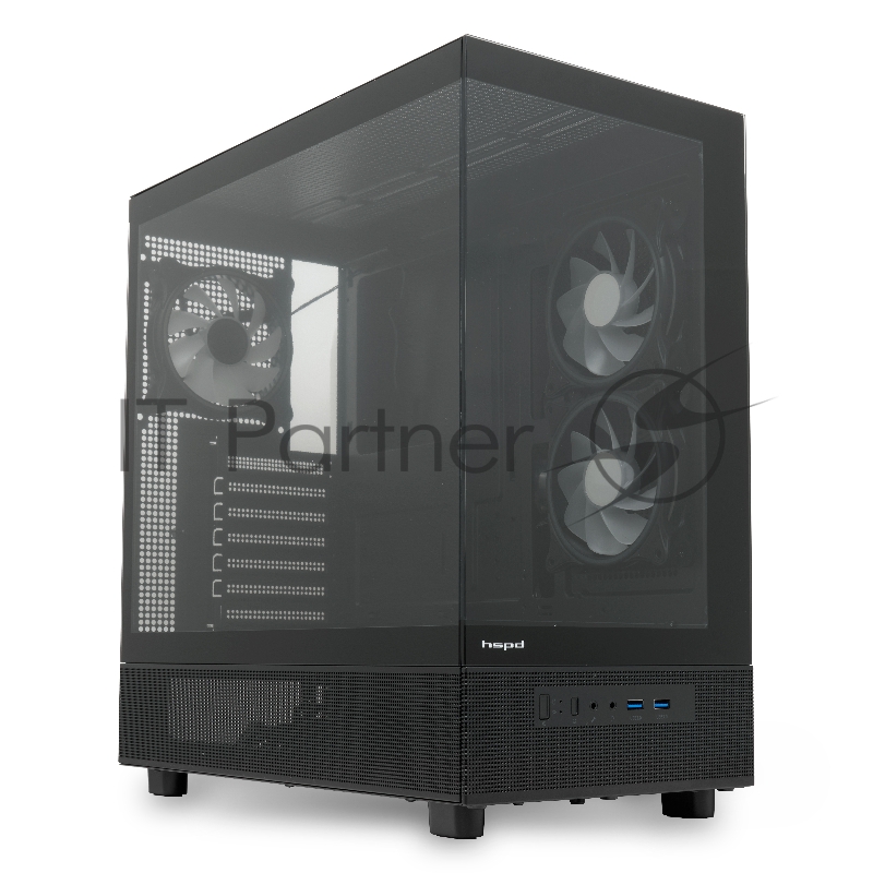Корпус без блока питания HSPD F710, Panoramic Mid Tower, черный, TG, 0.5 SPCC, 3x120mm ARGB E-ATX, ATX, mATX, mITX 185/395/270mm 2x2.5, 1x3.5, 7xPCI 2xUSB-A 3.0 435x230x457mm
