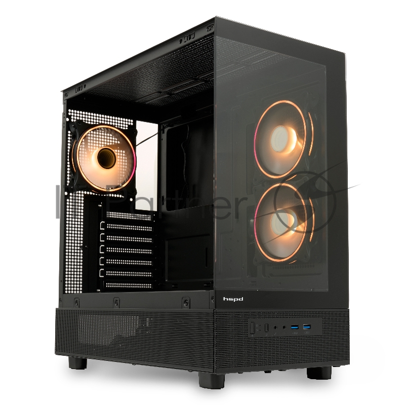 Корпус без блока питания HSPD F710, Panoramic Mid Tower, черный, TG, 0.5 SPCC, 3x120mm ARGB E-ATX, ATX, mATX, mITX 185/395/270mm 2x2.5, 1x3.5, 7xPCI 2xUSB-A 3.0 435x230x457mm