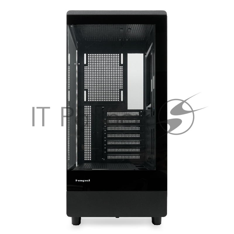 Корпус без блока питания HSPD F510, Panoramic Mid Tower, черный, TG, 0.5 SPCC, no fans ATX, mATX, mITX 180/280/160mm 1x2.5, 1x3.5, 7xPCI 1xUSB-A 3.0, 1xUSB-A 1.0 356x218x467mm