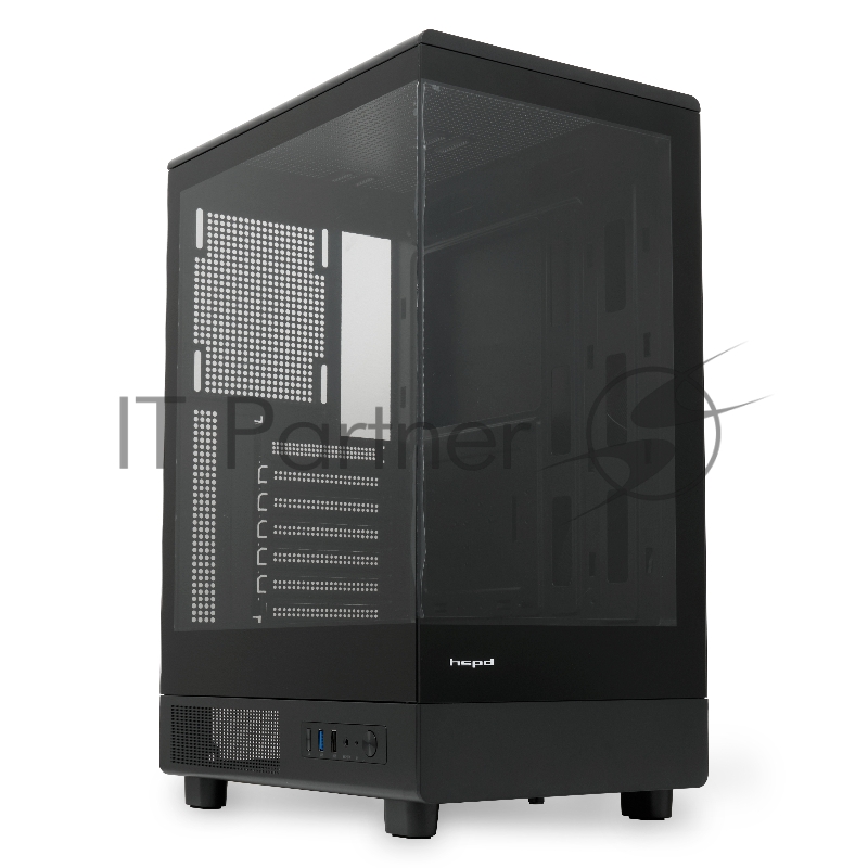 Корпус без блока питания HSPD F510, Panoramic Mid Tower, черный, TG, 0.5 SPCC, no fans ATX, mATX, mITX 180/280/160mm 1x2.5, 1x3.5, 7xPCI 1xUSB-A 3.0, 1xUSB-A 1.0 356x218x467mm