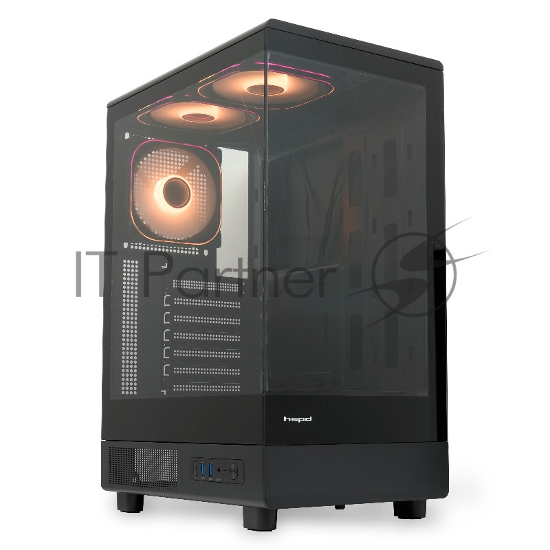 Корпус без блока питания HSPD F510, Panoramic Mid Tower, черный, TG, 0.5 SPCC, 3x120mm ARGB ATX, mATX, mITX 180/280/160mm 1x2.5, 1x3.5, 7xPCI 2xUSB-A 3.0 356x218x467mm