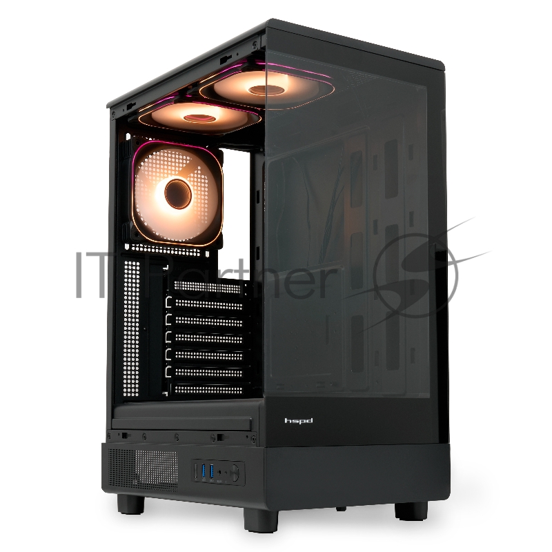 Корпус без блока питания HSPD F510, Panoramic Mid Tower, черный, TG, 0.5 SPCC, 3x120mm ARGB ATX, mATX, mITX 180/280/160mm 1x2.5, 1x3.5, 7xPCI 2xUSB-A 3.0 356x218x467mm