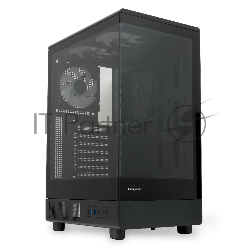 Корпус без блока питания HSPD F510, Panoramic Mid Tower, черный, TG, 0.5 SPCC, 3x120mm ARGB ATX, mATX, mITX 180/280/160mm 1x2.5, 1x3.5, 7xPCI 2xUSB-A 3.0 356x218x467mm
