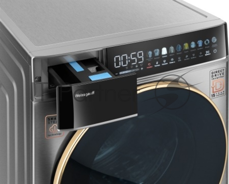 Стирально-сушильная машина Weissgauff WMD 58411 Direct Drive Inverter Premium Steam Steel (433418) нержавеющая сталь, фронтальная загрузка 11 кг, 1400 об/мин, класс: В