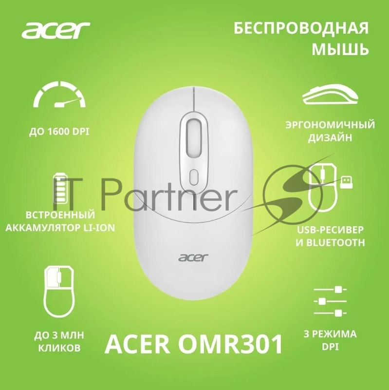 Мышь Acer OMR301 белый оптическая (1600dpi) беспроводная BT/Radio USB (4but)