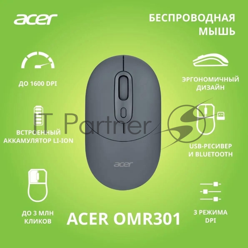 Мышь Acer OMR301 черный оптическая (1600dpi) беспроводная BT/Radio USB (4but)