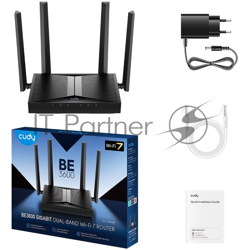 Маршрутизатор Cudy BE3600 Gigabit Dual Band Wi-Fi 7 Mesh Router, Chipset Broadcom, 802.11be/ax/ac/a/b/g/n, 2882Mbps at 5GHz + 688Mbps at 2.4GHz, 5 x 10/100/1000Mbps Ports, 4 x 5dBi fixed antennas, WiFi router/AP/ Repeater/WISP Mode, PPTP/L2TP/OpenVPN