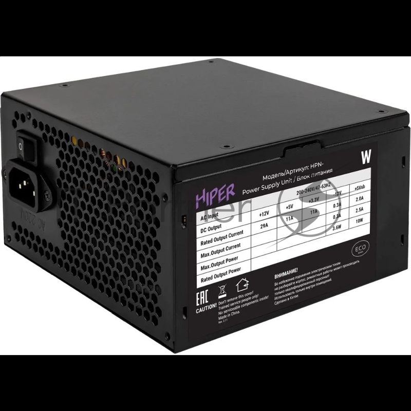 блок питания для ПК 600 Ватт/ PSU HIPER ECO HPN-600 (ATX 2.31, 600W, noPFC, 120mm fan, Black), BOX