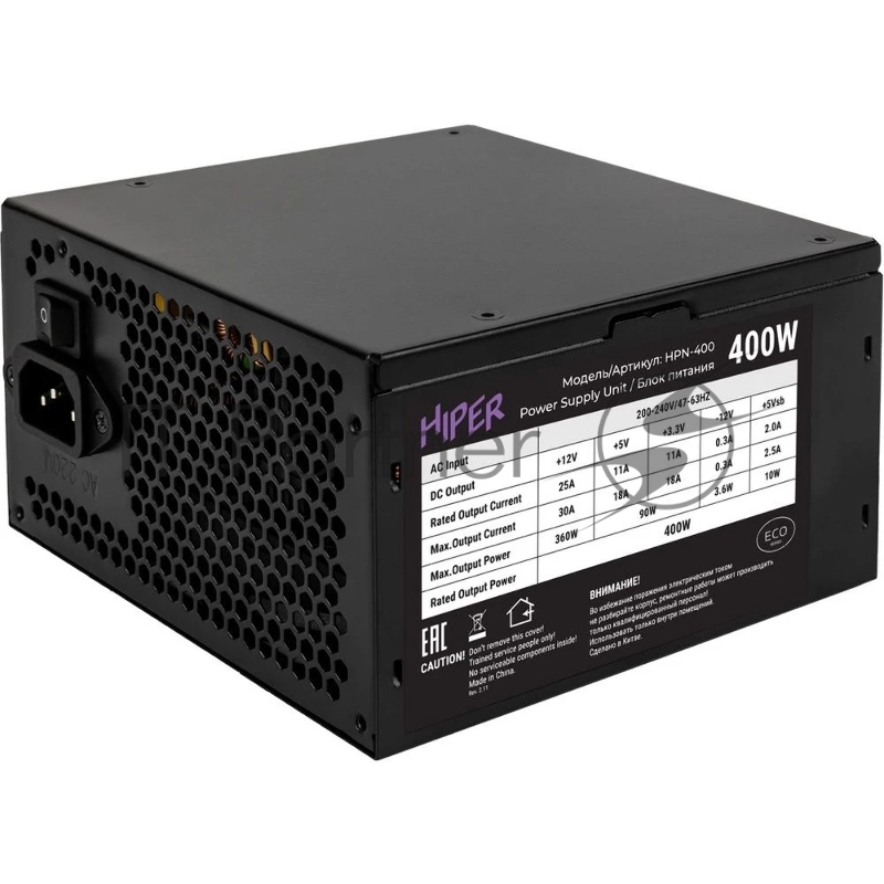 блок питания для ПК 400 Ватт/ PSU HIPER ECO HPN-400 (ATX 2.31, 400W, noPFC, 120mm fan, Black), BOX