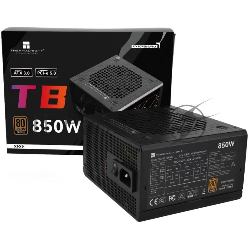 Блок питания 850W/ Thermalright, 850W 80+ Bronze (ATX, 3, PCIe 5.0, Non-modular, 1x24(20+4)pin 550mm, 1xCPU*2 8(4+4)pin 600+150mm, 1xPCIe*2 8(6+2)pin 500+150mm, 1x12VHPWR PCIe 5.0 12+4pin 600mm, 1xSATA*3+MOLEX4pin*1 400+150+150+150mm, 1xSATA*2+MOLEX4