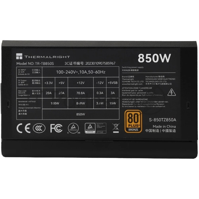 Блок питания 850W/ Thermalright, 850W 80+ Bronze (ATX, 3, PCIe 5.0, Non-modular, 1x24(20+4)pin 550mm, 1xCPU*2 8(4+4)pin 600+150mm, 1xPCIe*2 8(6+2)pin 500+150mm, 1x12VHPWR PCIe 5.0 12+4pin 600mm, 1xSATA*3+MOLEX4pin*1 400+150+150+150mm, 1xSATA*2+MOLEX4