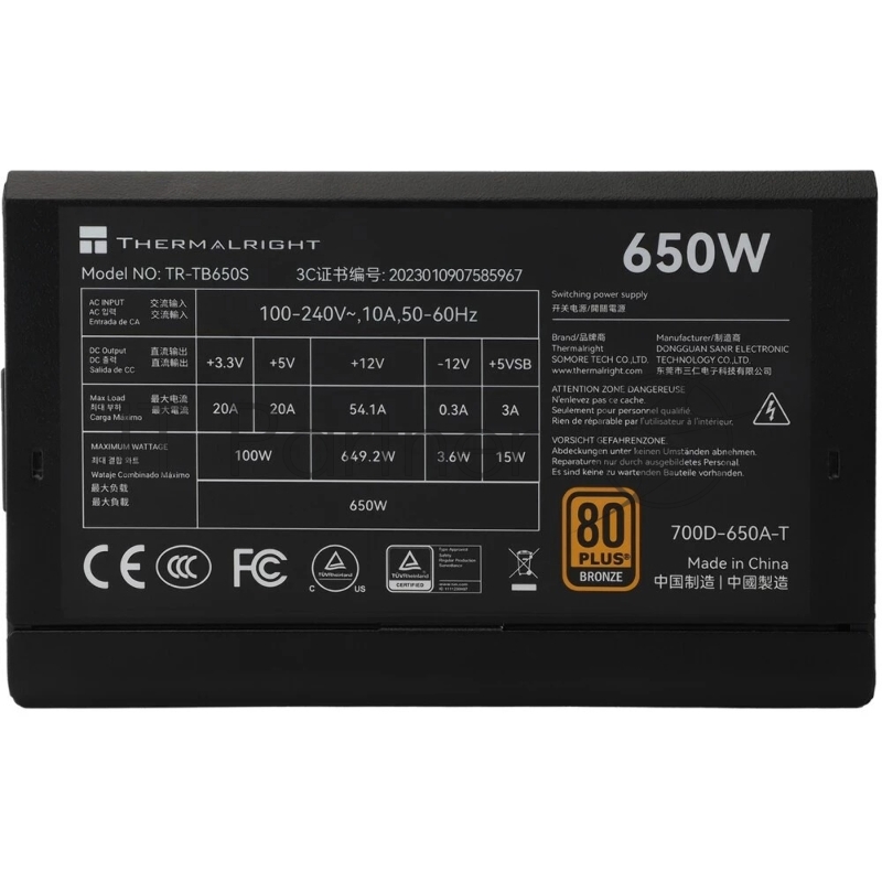 Блок питания 650W/ Thermalright, 650W 80+ Bronze (ATX, 3, Non-modular, 1x24(20+4)pin 550mm, 1xCPU*2 8(4+4)pin 600+150mm, 1xPCIe*2 8(6+2)pin 500+150mm, 1xSATA*3+MOLEX4pin*1 400+150+150+150mm, 1xSATA*2+MOLEX4pin*2 400+150+150+150mm, Active, 120x120mm,