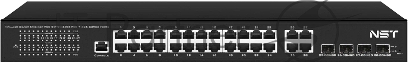 Управляемый L2 PoE коммутатор Gigabit Ethernet на 24 RJ45 PoE + 4 x GE Combo Uplink порта. Порты: 24 x GE (10/100/1000 Base-T) с поддержкой PoE (IEEE 802.3af/at), 4 x GE Combo Uplink (RJ45 + SFP). Соответствует стандартам PoE IEEE 802.3af/at. Автома