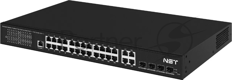 Управляемый L2 PoE коммутатор Gigabit Ethernet на 24 RJ45 PoE + 4 x GE Combo Uplink порта. Порты: 24 x GE (10/100/1000 Base-T) с поддержкой PoE (IEEE 802.3af/at), 4 x GE Combo Uplink (RJ45 + SFP). Соответствует стандартам PoE IEEE 802.3af/at. Автома