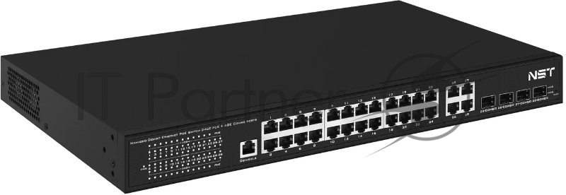 Управляемый L2 PoE коммутатор Gigabit Ethernet на 24 RJ45 PoE + 4 x GE Combo Uplink порта. Порты: 24 x GE (10/100/1000 Base-T) с поддержкой PoE (IEEE 802.3af/at), 4 x GE Combo Uplink (RJ45 + SFP). Соответствует стандартам PoE IEEE 802.3af/at. Автома