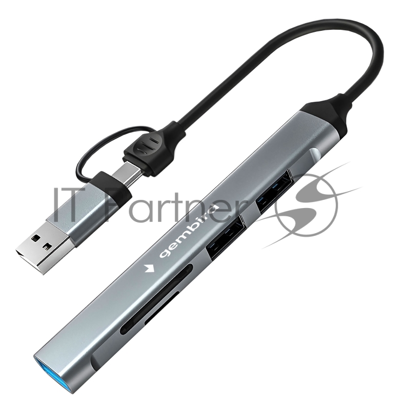 Картридер Type-C/USB-A (3.1) Gembird FD2-MSD-3, 5в1: 2xUSB2.0, USB3.1, SD/TF, кабель 10см, алюминий
