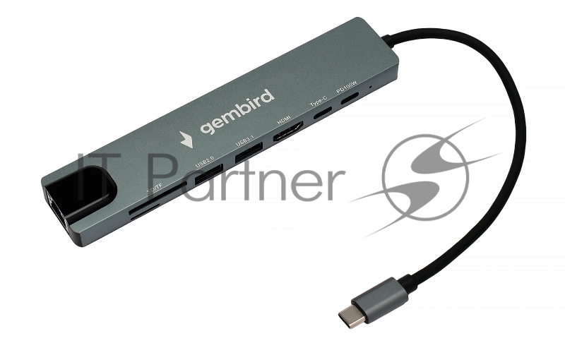 Док-станция Type-C Gembird UHB-D3, 8в1: USB2.0, USB3.1, Type-C PD87W, Type-C, HDMI, SD/TF, RJ45, кабель 20см, алюминий