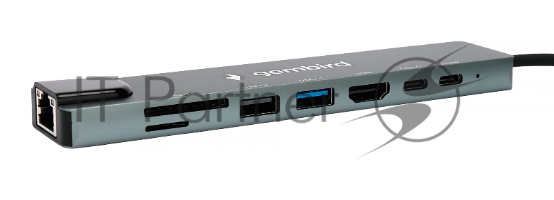 Док-станция Type-C Gembird UHB-D3, 8в1: USB2.0, USB3.1, Type-C PD87W, Type-C, HDMI, SD/TF, RJ45, кабель 20см, алюминий