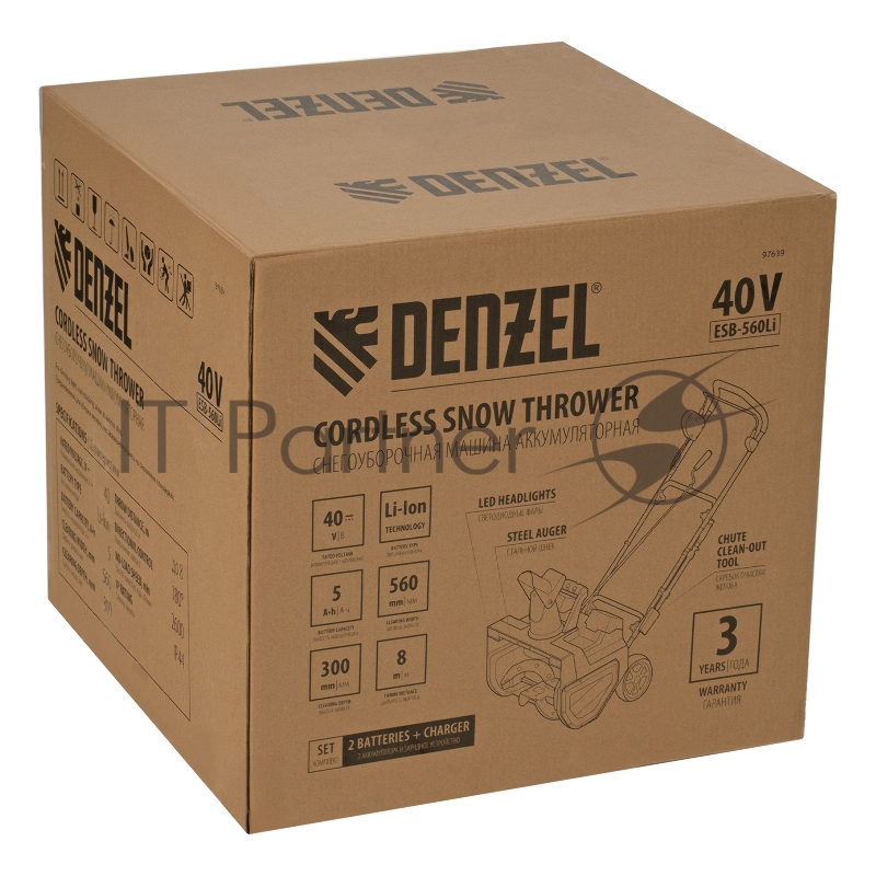 Снегоуборочная машина аккумуляторная, ESB-560Li, 560 мм, 40В, 2 АКБ 5 Ач, ЗУ, метал. шнек // Denzel