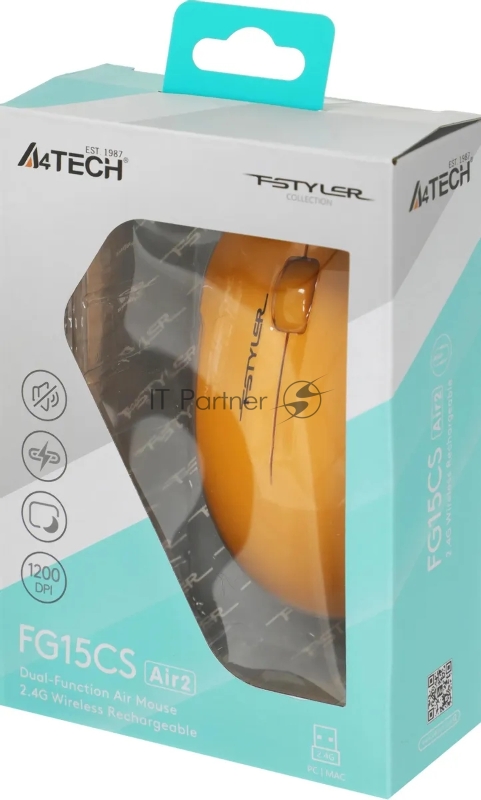 Мышь A4Tech Fstyler FG15CS Air2 желтый оптическая 1200dpi silent беспров. USB для ноутбука 3but