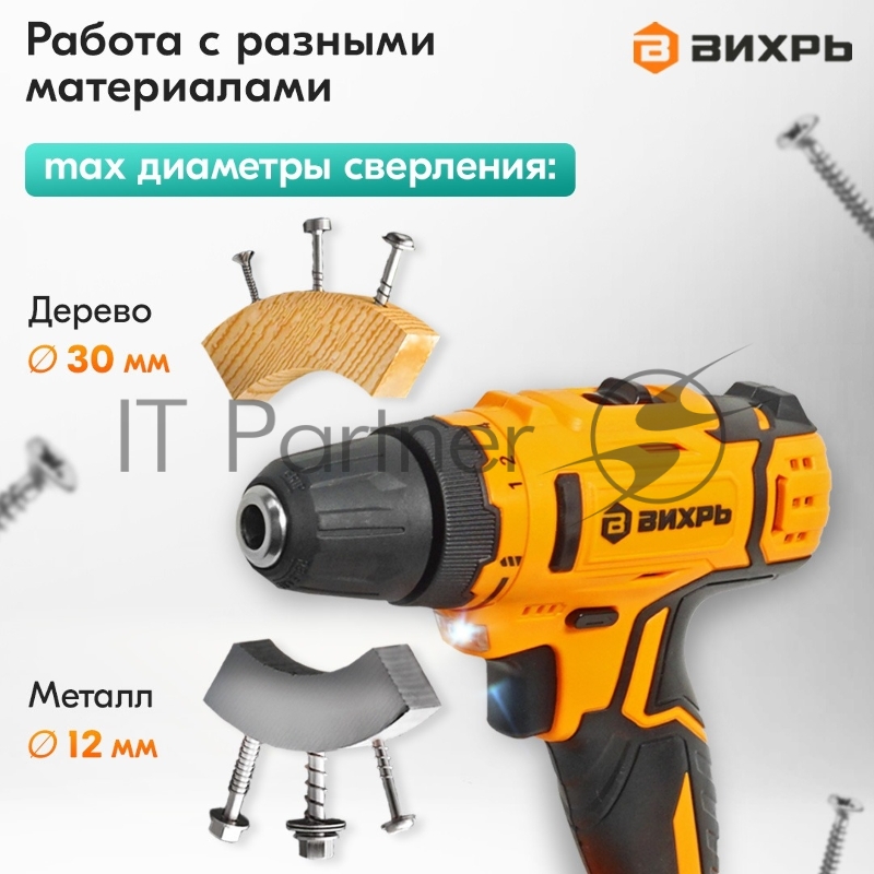 Дрель-шуруповерт аккумуляторная Вихрь ДА-К20/2Н с набором оснастки 65 предм.