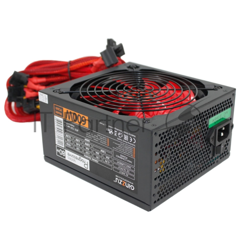 Блок питания Ginzzu PC600 (Red), 600Вт, 80 PLUS, 140мм, черный (Red)
