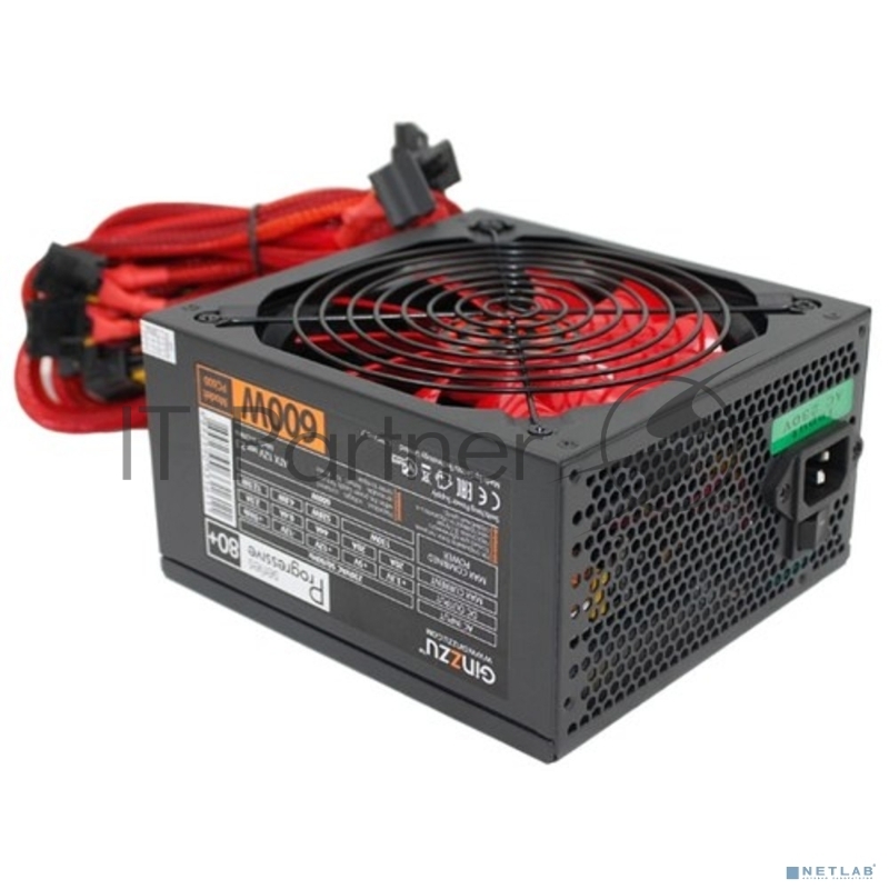 Блок питания Ginzzu PC600 (Red), 600Вт, 80 PLUS, 140мм, черный (Red)
