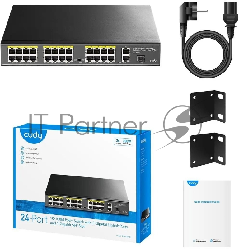Коммутатор Cudy FS1026PS1, (L2) 24x100Мбит/с 2x1Гбит/с, 1SFP, 24PoE, 24PoE+ 300W, неуправляемый