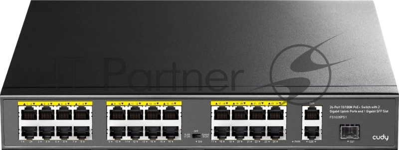 Коммутатор Cudy FS1026PS1, (L2) 24x100Мбит/с 2x1Гбит/с, 1SFP, 24PoE, 24PoE+ 300W, неуправляемый