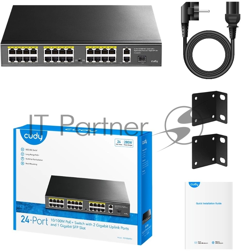 Коммутатор Cudy FS1026PS1, (L2) 24x100Мбит/с 2x1Гбит/с, 1SFP, 24PoE, 24PoE+ 300W, неуправляемый