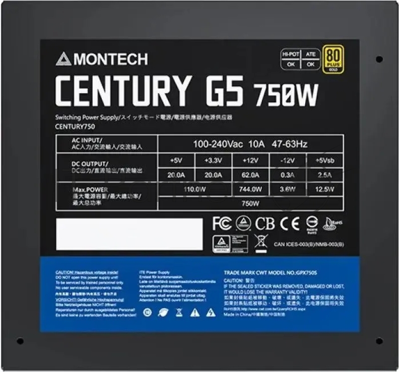 Блок питания Montech ATX 750W CENTURY GOLD G5 80+ gold (20+4pin) APFC 120mm fan 10xSATA Cab Manag RTL