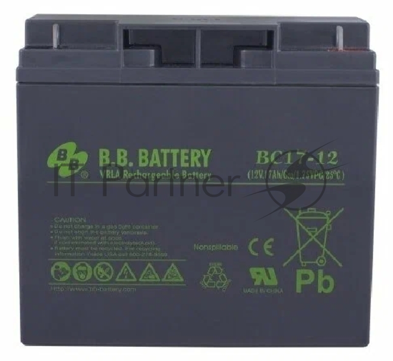 Батарея B.B. Battery серия BC, BC17-12, напряжение 12В, емкость 17Ач (разряд 20 часов), макс. ток разряда (5 сек.) 255А, макс. ток заряда 5.1A, свинцово-кислотная типа AGM, клеммы B1, ДxШxВ 181x76x166мм., вес 5.62кг., срок службы 5-7 лет/ B.B. Batter