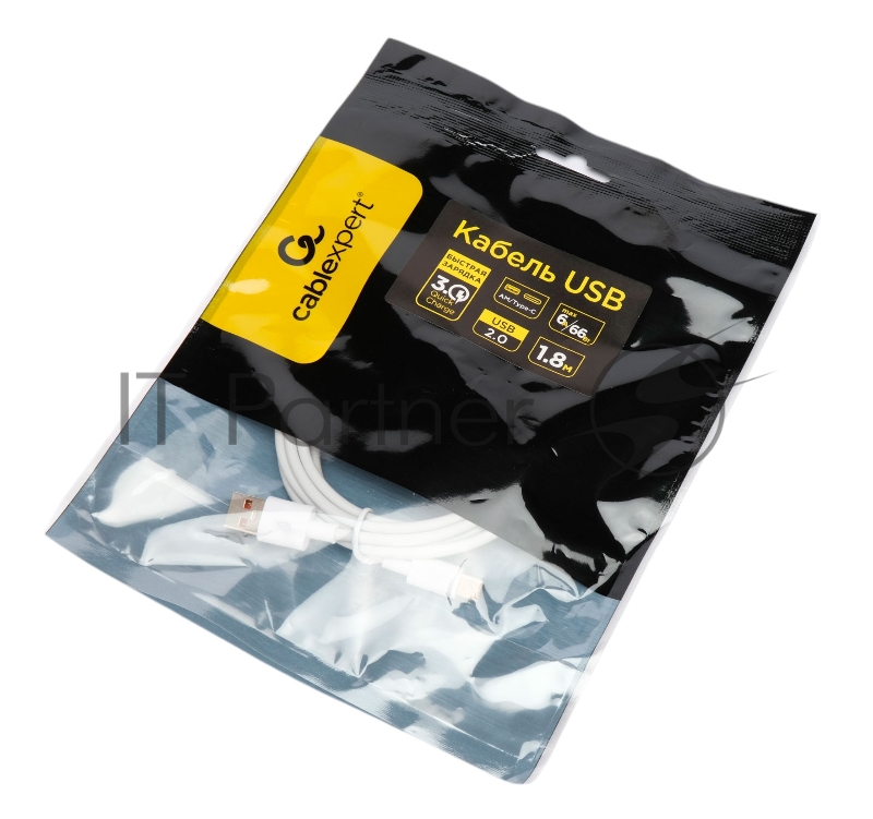 Кабель USB2.0 Cablexpert CC-USB2-AMCM-66W-1.8M-W, AM/Type-C, 6A, 66Вт, QC3.0, 1.8м, медь, белый, пакет