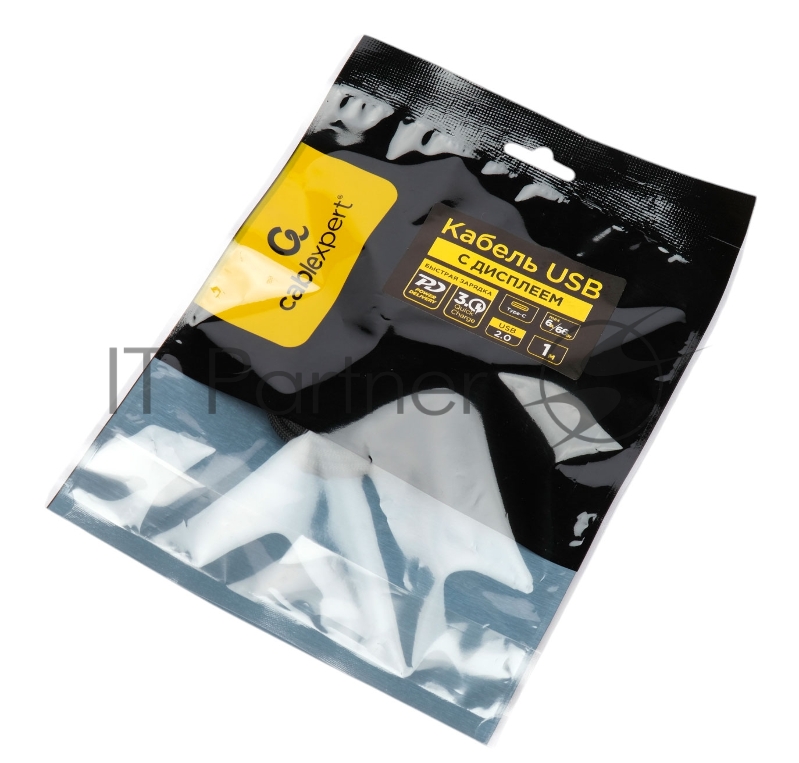 Кабель USB2.0 Cablexpert CCP-USB2-CMCM-SCR-1M, AM/Type-C, 6A, 66Вт, PD/QC3.0, дисплей, оплетка, медь, 1м, черный, пакет