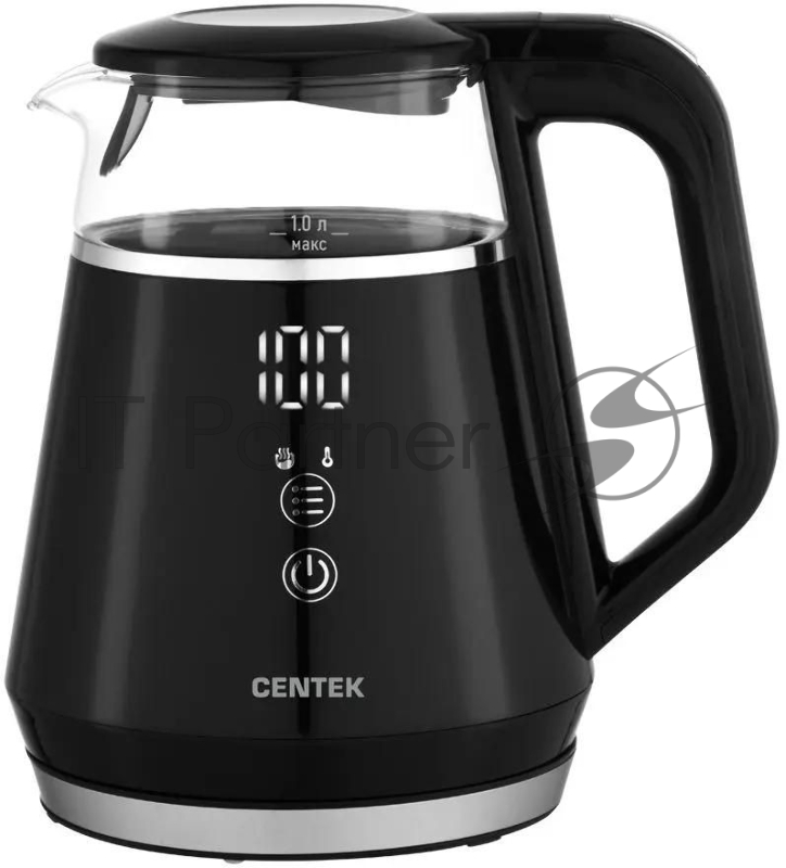 Чайник Centek CT-0019, 1100Вт стекло, черный и серебристый