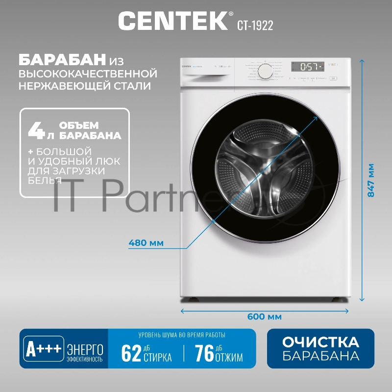 Стиральная машина Centek CT-1922 (белый) инверторный мотор