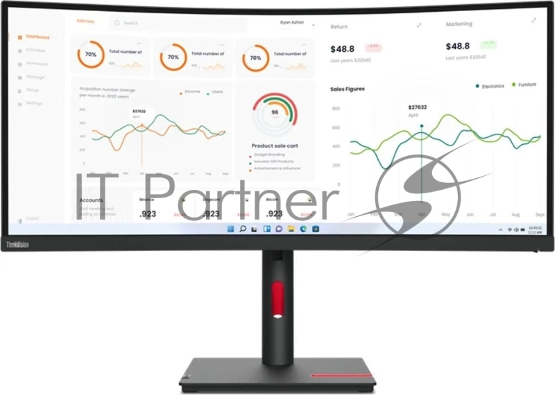 Монитор Lenovo 34 ThinkVision T34w-30 черный IPS LED 4ms 21:9 HDMI M/M матовая HAS Piv 3000:1 350cd 178гр/178гр 3440x1440 60Hz DP QHD USB 9.5кг