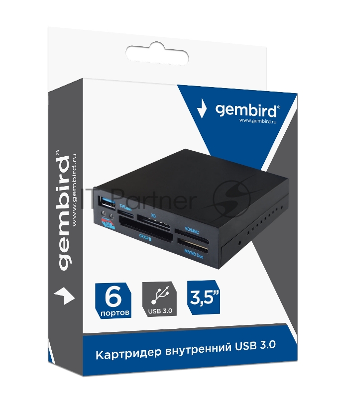 Картридер внутренний USB3.0 3.5 Gembird FDI2-ALLIN1-03-B, 6в1: SD/SDHC, T-Flash, XD, MS, CF, USB3.0, черный