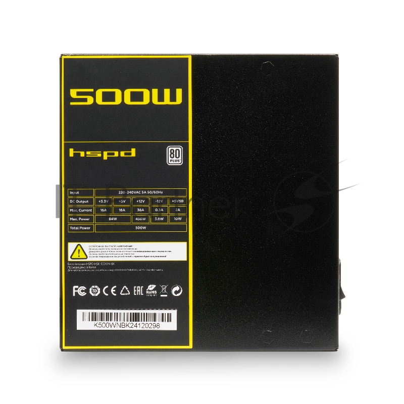 Блок питания HSPD, 500W 80+ White (ATX, 2.52, Non-modular, 1x24(20+4)pin 500mm, 1xCPU 8(4+4)pin 550mm, 1xPCIe*2 8(6+2)pin 500+150mm, 2xSATA*3 400+150+150mm, 1xMOLEX4pin*3 400+150+150mm , Active, 120x120mm, 150x140x86mm, APFC, OVP, UVP, SCP, OPP, NLO,