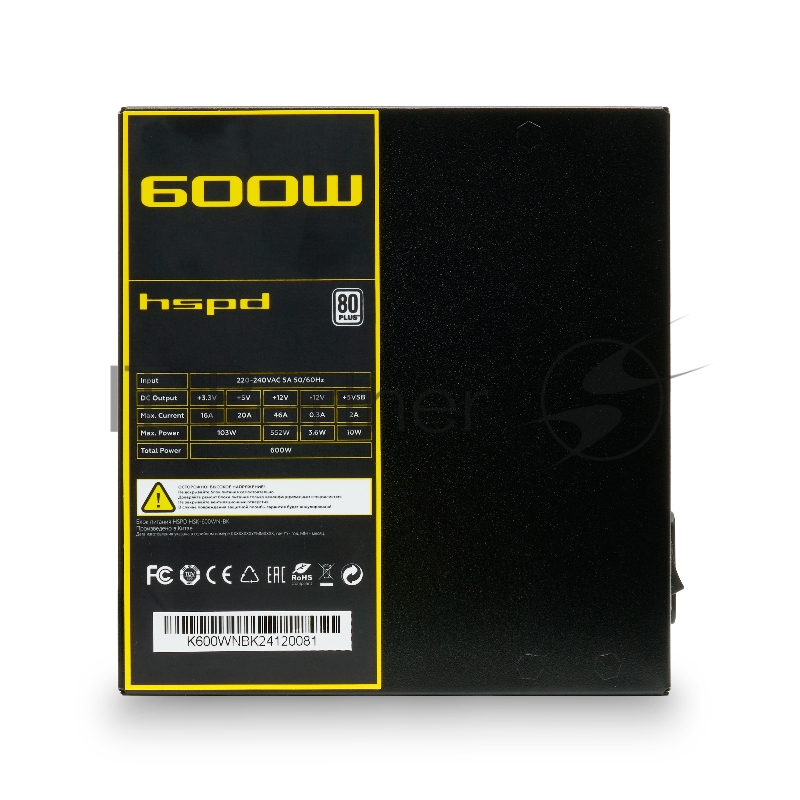 Блок питания HSPD, 600W 80+ White (ATX, 2.52, Non-modular, 1x24(20+4)pin 500mm, 1xCPU 8(4+4)pin 550mm, 1xPCIe*2 8(6+2)pin 500+150mm, 2xSATA*3 400+150+150mm, 1xMOLEX4pin*3 400+150+150mm , Active, 120x120mm, 150x140x86mm, APFC, OVP, UVP, SCP, OPP, NLO,