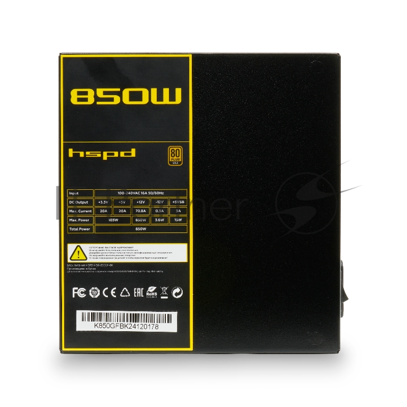 Блок питания HSPD, 850W 80+ Gold (ATX, 2.52, Full modular, 1x24(20+4)pin mesh 550mm, 1xCPU*2 8(4+4)pin 650+150mm, 2xPCIe*2 8(6+2)pin 500+150mm, 2xSATA*3 450+150+150mm, 1xMOLEX4pin*3 450+150+150mm , Active, 120x120mm, 150x140x86mm, APFC, OVP, UVP, SCP