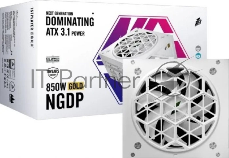 Блок питания 1STPLAYER NGDP Gold 850W White/ ATX 3.0, APFC, 80 PLUS Gold, LLC+DC-DC, 120mm fan, full modular / HA-850BA4-WH