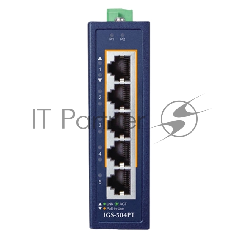 Коммутатор PLANET IGS-504PT IP30 Compact size 4-Port 10/100/1000T 802.3at PoE + 1-Port 10/100/1000T Gigabit Ethernet Switch (-40~75 degrees C, dual 48~54V DC)
