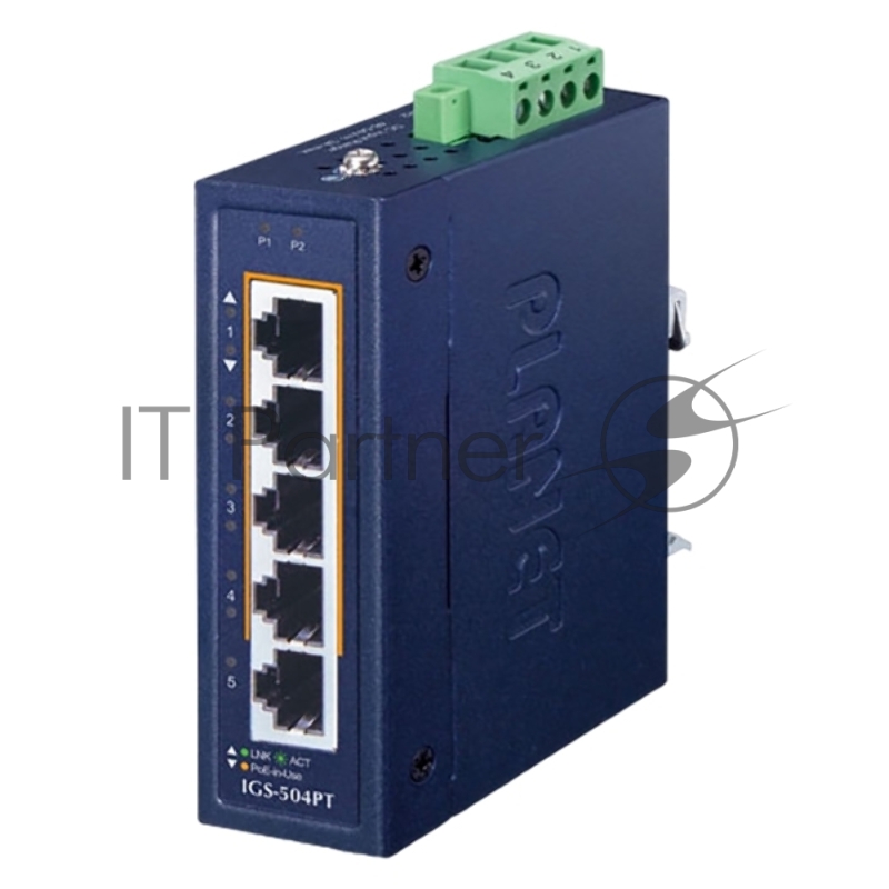 Коммутатор PLANET IGS-504PT IP30 Compact size 4-Port 10/100/1000T 802.3at PoE + 1-Port 10/100/1000T Gigabit Ethernet Switch (-40~75 degrees C, dual 48~54V DC)