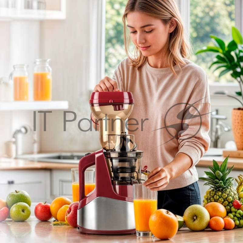 Соковыжималка шнекового типа Endever Sigma-102, красный/стальной, мощность 420 Вт, резервуар 1л, резервуар для мякоти 0,7 л, 2 шт./уп.